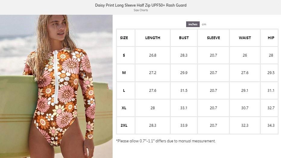 One piece Swimsuit Daisy Print Long Sleeve Half Zip UPF50+ Modest Sportsoutdoor wetsuit Bathing suits Full coverage Tummy Control Swimwaer