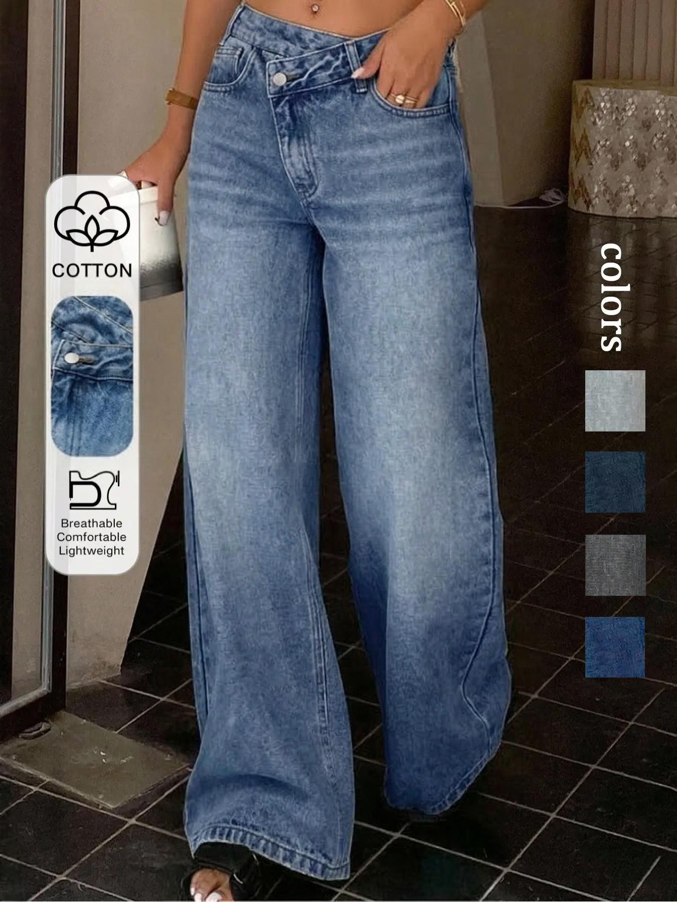 Women's Pocket Zipper Asymmetrical Wide Leg Jeans, Casual Fashion Pants for All Seasons