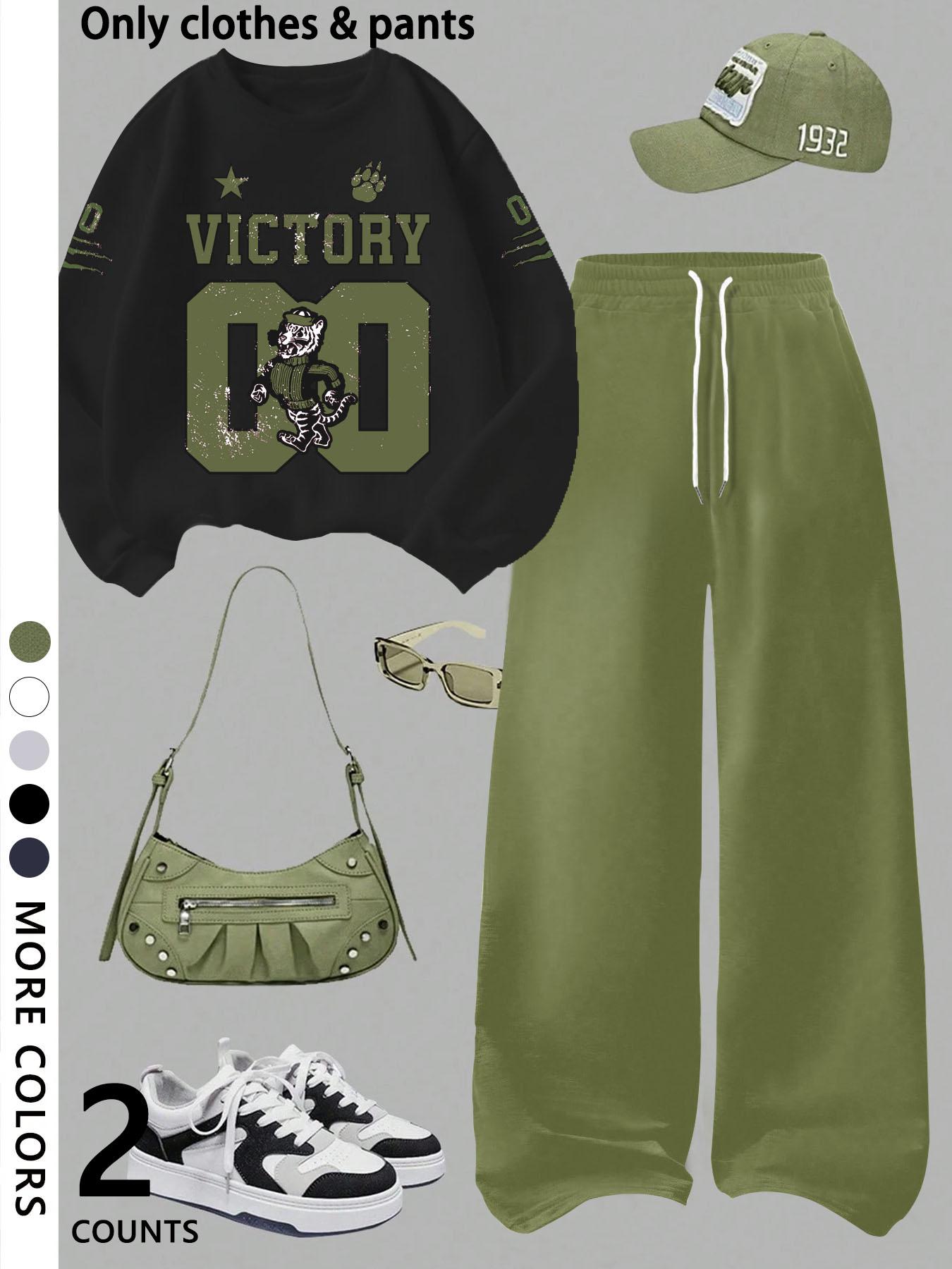 Girls' casual cool Graphic pattern print round neck pullover sweatshirt top and loose casual wide-leg pants, military green fashion dress, suitable for daily and going out Girls' casual cool Graphic pattern print round neck pullover sweatshirt top and loose casual wide-leg pants, military green fashion dress, suitable for daily and going out
