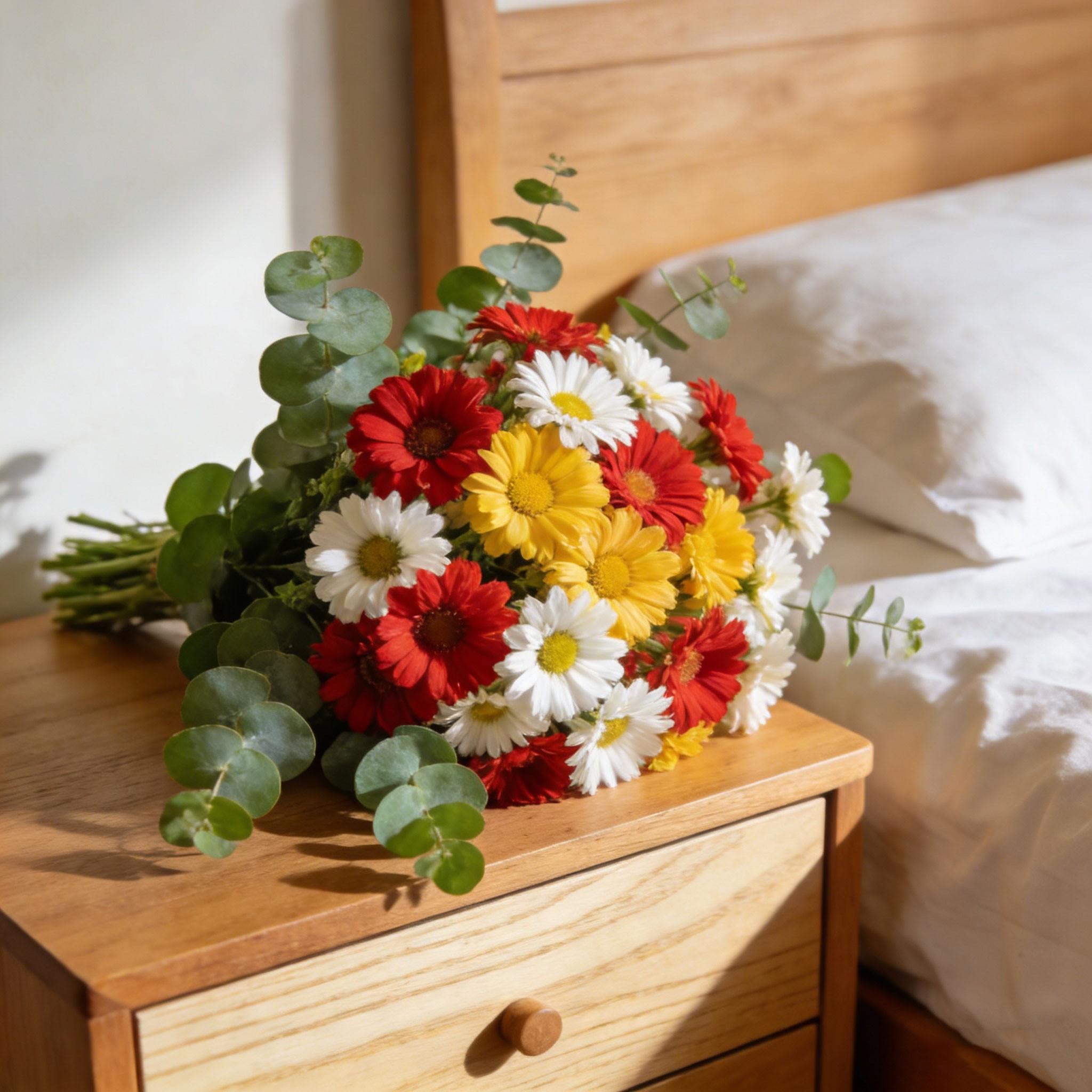 Mixed Daisy and Eucalyptus Artificial Flowers, 10, 10, 10 Daisies, 10 Fresh Eucalyptus Leaves, Modern Home Decor