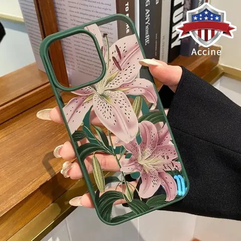 Enchanted Lilies Pattern Magnetic Snap-On iPhone Case (18/17/16/15/14 Pro Max/13/12/11/XR/XS Plus) - Durable Phone Accessories, Superior Silicone Resists Yellowing, Anti-Drop, Wireless Ready, Air Shockproof Transparent Acrylic Casing with Raised Lips
