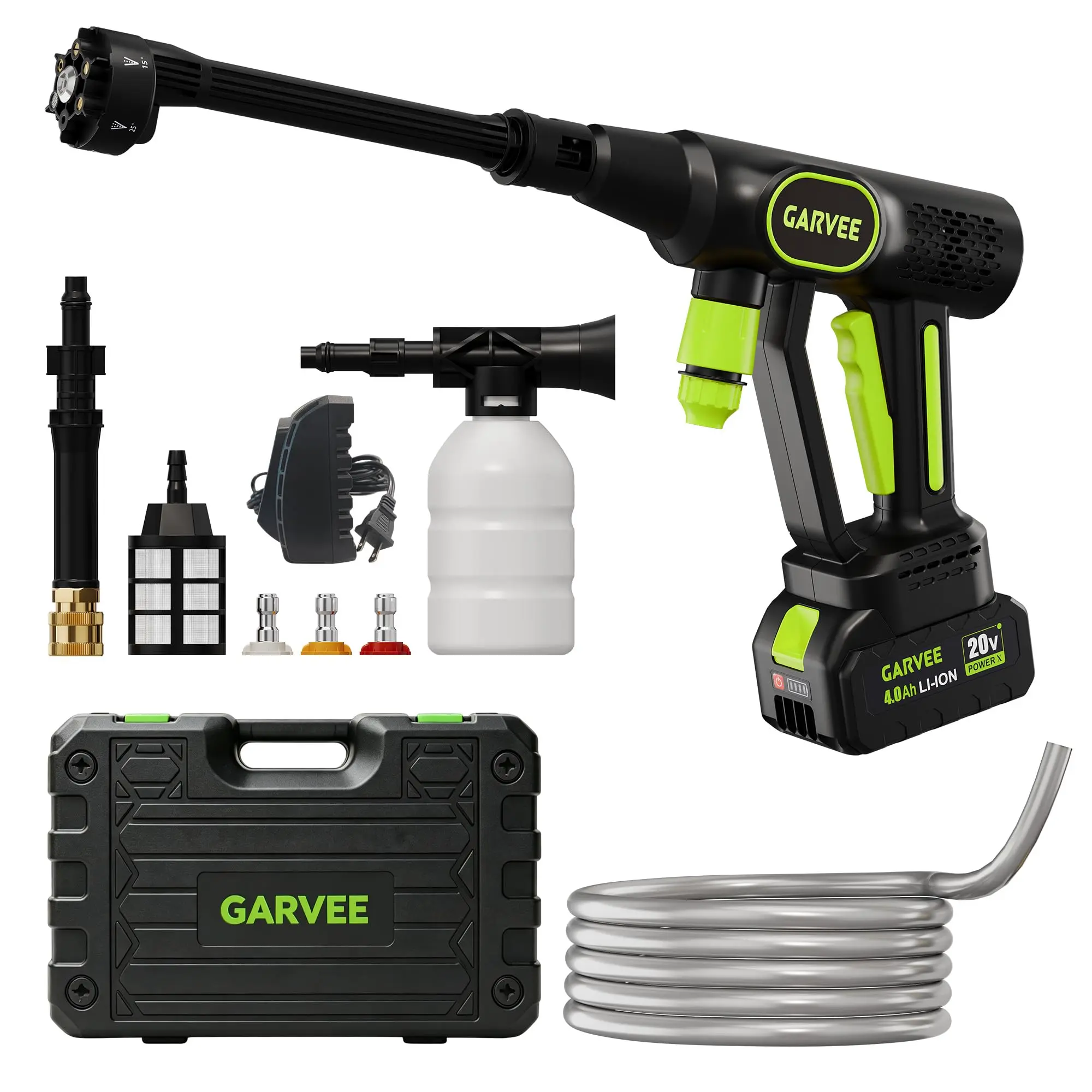 GARVEE Cordless Power Pressure Washer, 20V 320 PSI Brushless Cleaner with 6-in-1 Nozzle, Foam Cannon, 26ft Hose, Rechargeable Battery & Charger for Car, Home, Patio