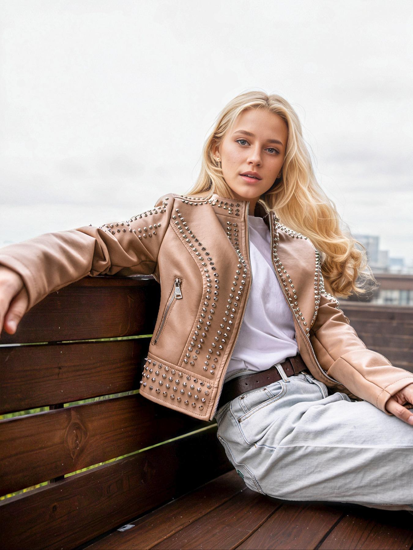 Women's Plus Size PU Jacket, Casual Fitted Plain Design, Spring & Fall Vintage Fashion Streetwear Outerwear, Stylish Women's Clothing