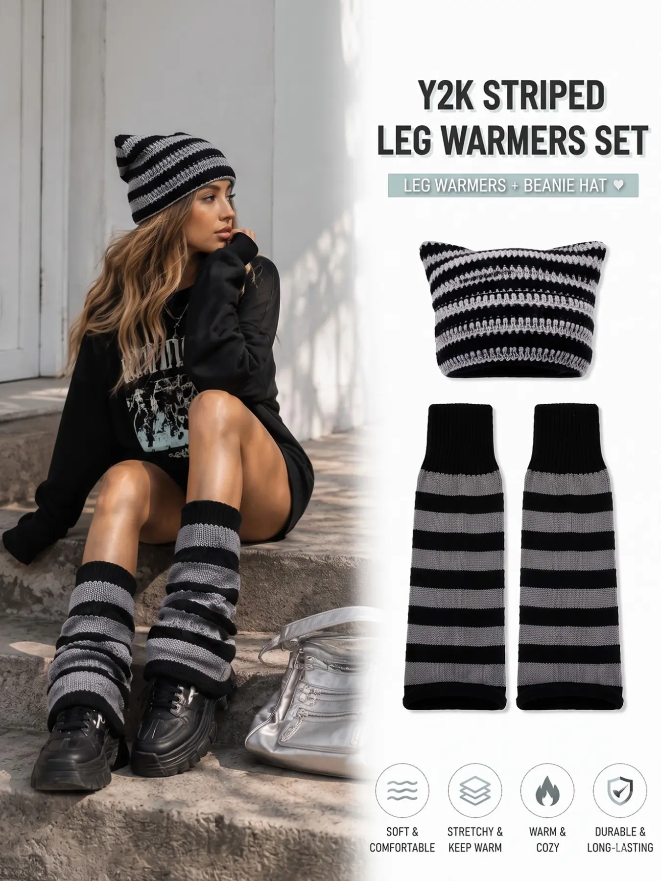 Y2K Striped Cat Ear Beanie & Leg Warmers Set | Grunge Alt Girl Slouchy Knit Hat + Boot Cuffs Matching Set