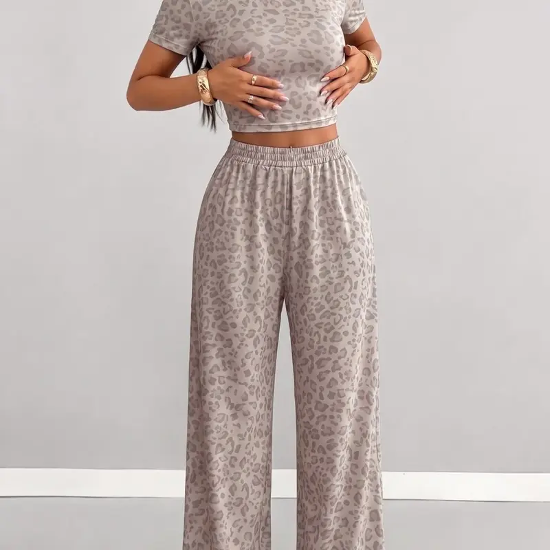 Slim Fit Loungewear/Streetwear/Y2K Leopard Print Short Sleeve Crop Top Elastic High Waist Wide Leg Pants Two Piece Outfit Set, Casual Everyday Set, For Women Trendy Casual Daily Wear