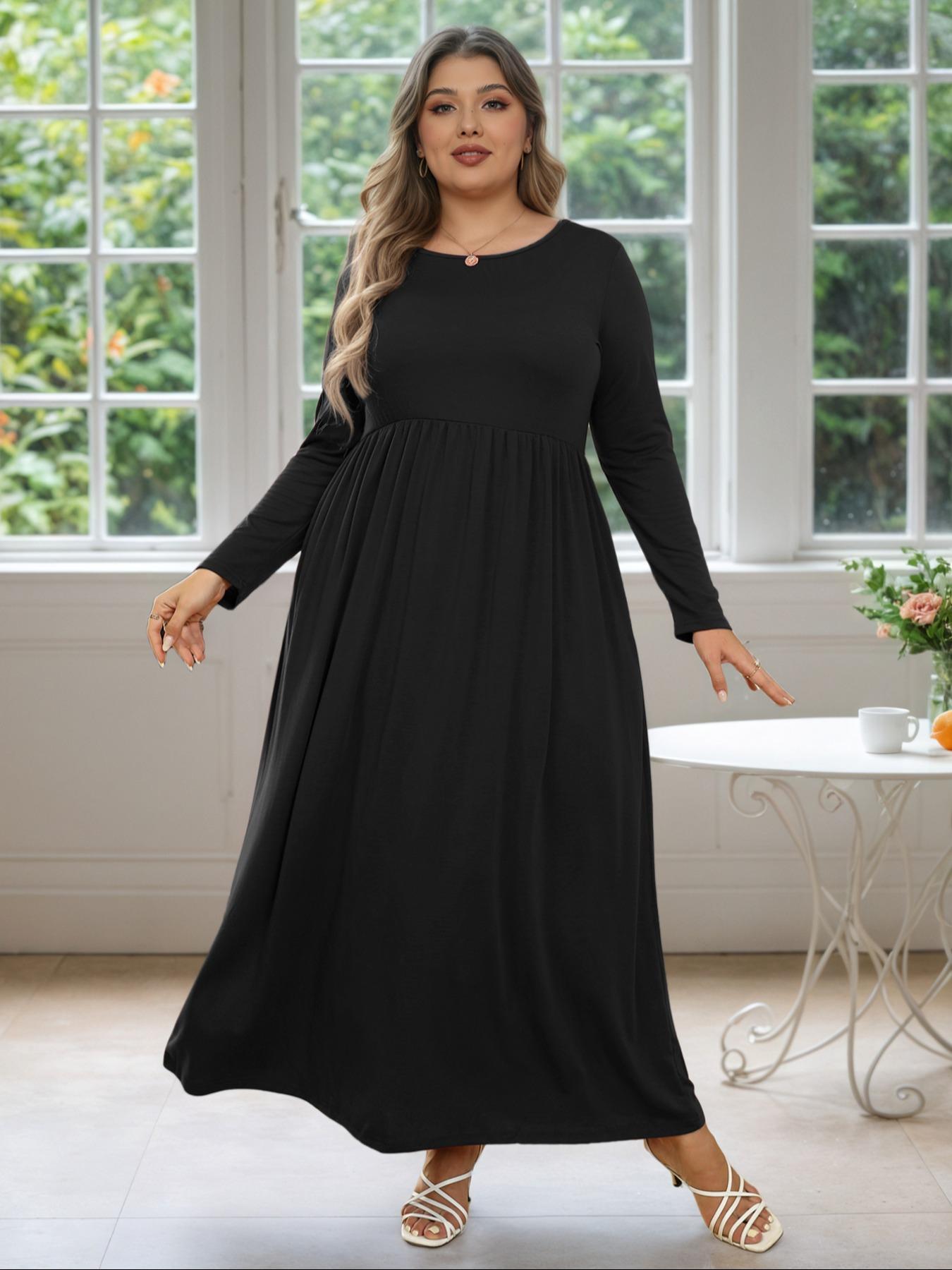 Women's Round Neck Stretchy Casual Maxi Long Plus Size Dress, Perfect for Bridesmaids, Vintage Style Wedding & Party Wear, Comfortable Fabric