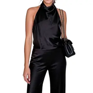 ZX-Women's Silk Satin Halter Tank Top with Backless Design Draped Front Panel Elegant Summer Top for Sophisticated Outings