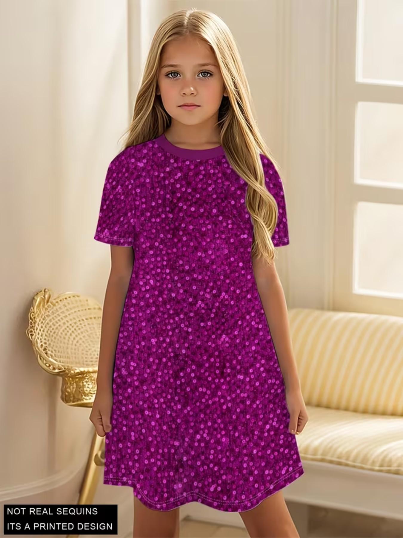 Girls' Elsa Princess Dress, Summer Short Sleeve Frozen Print A-Line Dress, Casual Fitted Asymmetrical H-Type One-Piece