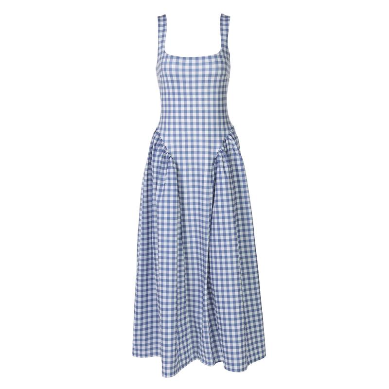 Plaid A-Line Midi Dress for Women's Summer Outfit Adjustable Strap Bodycon Top Flared Hem Casual Elegant Beach Holiday Party Club Dating Dresses