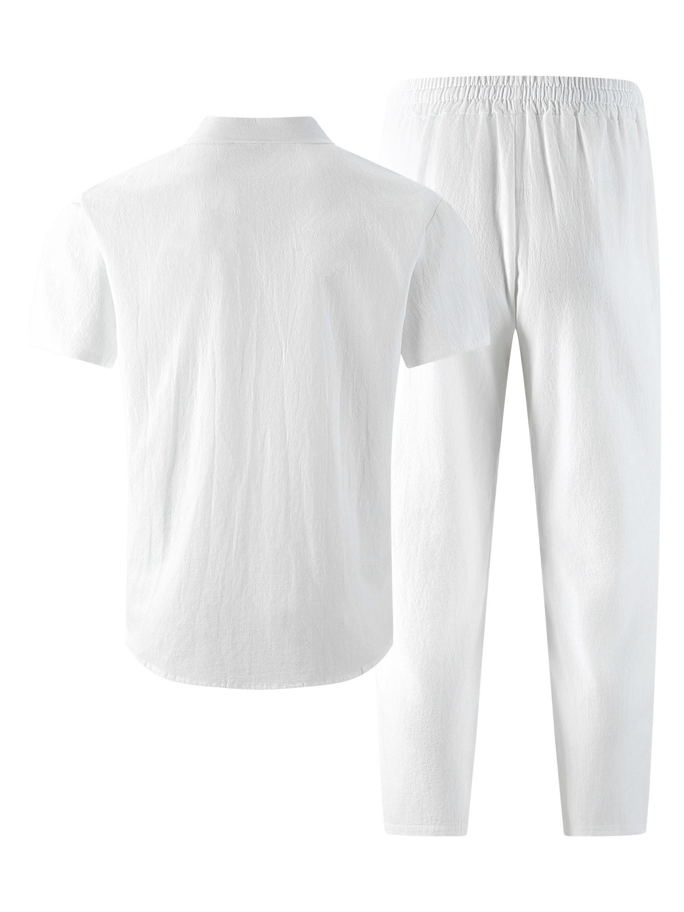 Summer Linen Style Men's Casual Short Sleeve Shirt and Long Pants Set, Resort Wear Set, Breathable Loose Fit Two-Piece, Drawstring Waist, Ideal for Vacation and Daily Wear Clothes, Clothing Sets, Menswear