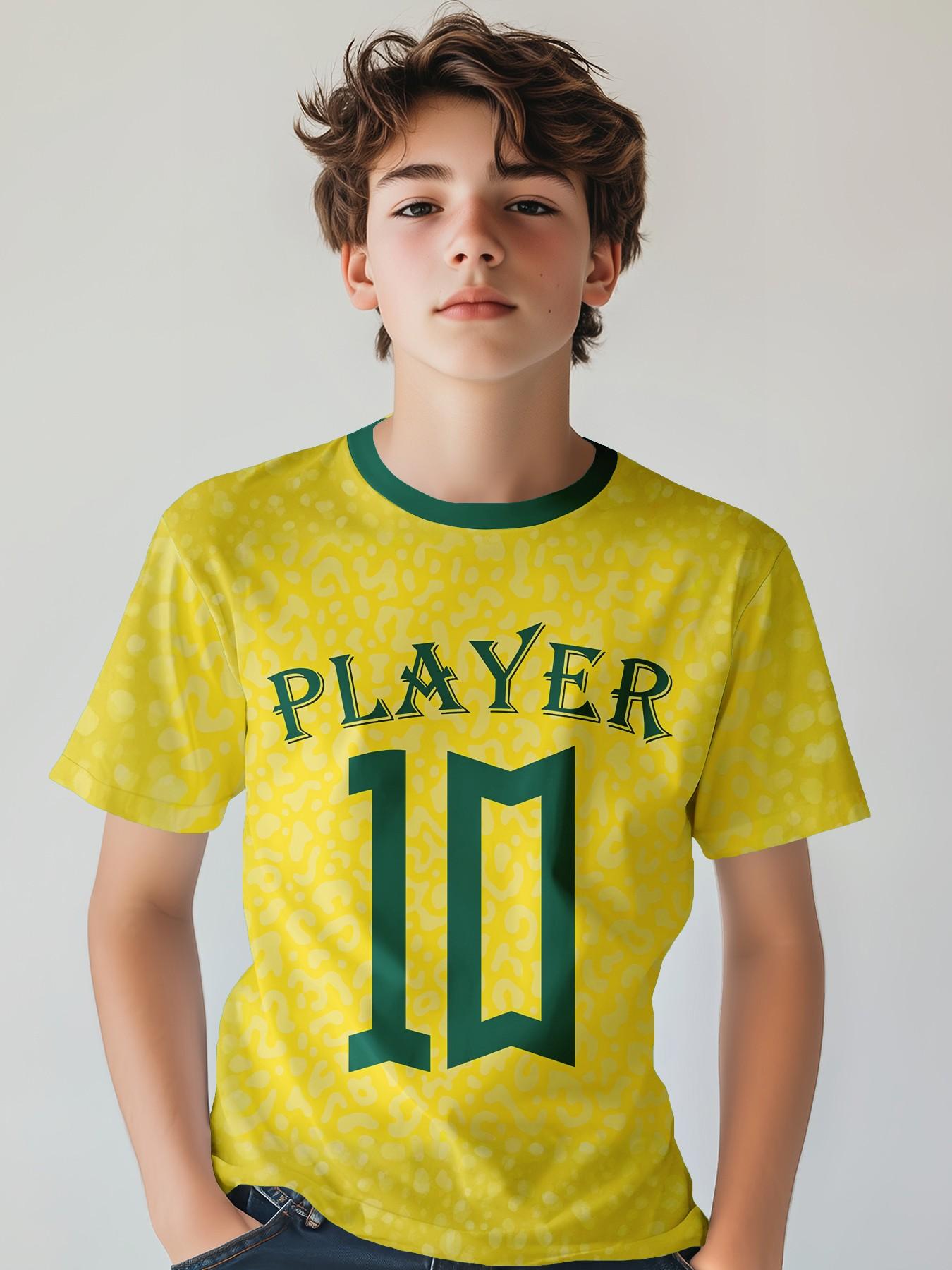 Player No. 10 Kids Football Jersey, Leopard Pattern Boys' Sports T-Shirt, Teenager Fan Short Sleeve Soccer Shirt