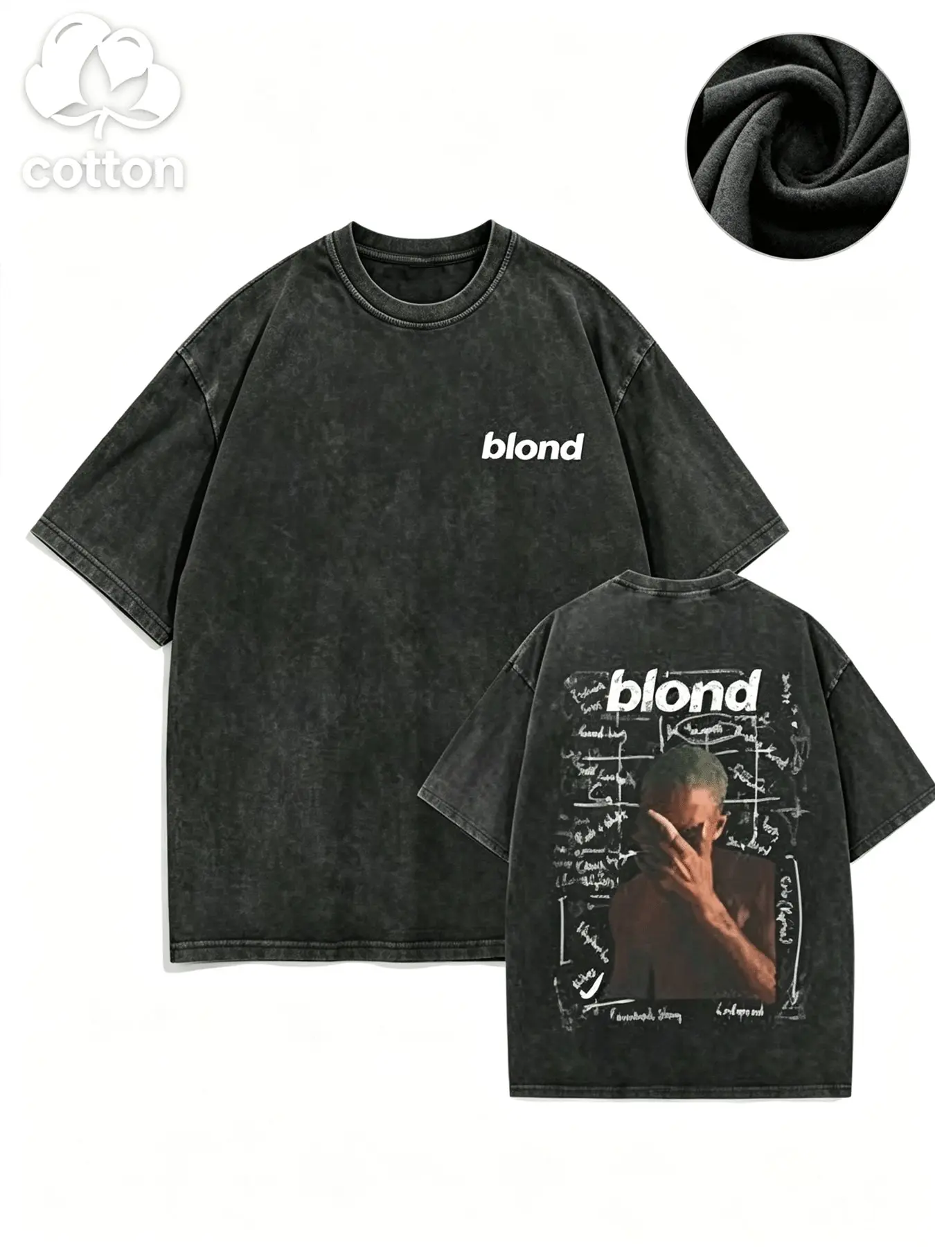 Men's Vintage Washed Frank Ocean Blond Double Sided Print Oversized Tee, Classic Streetwear Crew Neck Short Sleeve T-shirt, Retro Hip Hop Album Cover Aesthetic & Soft Washed Cotton Fabric, All-Match Daily Streetwear Music Fan Casual Top for Men