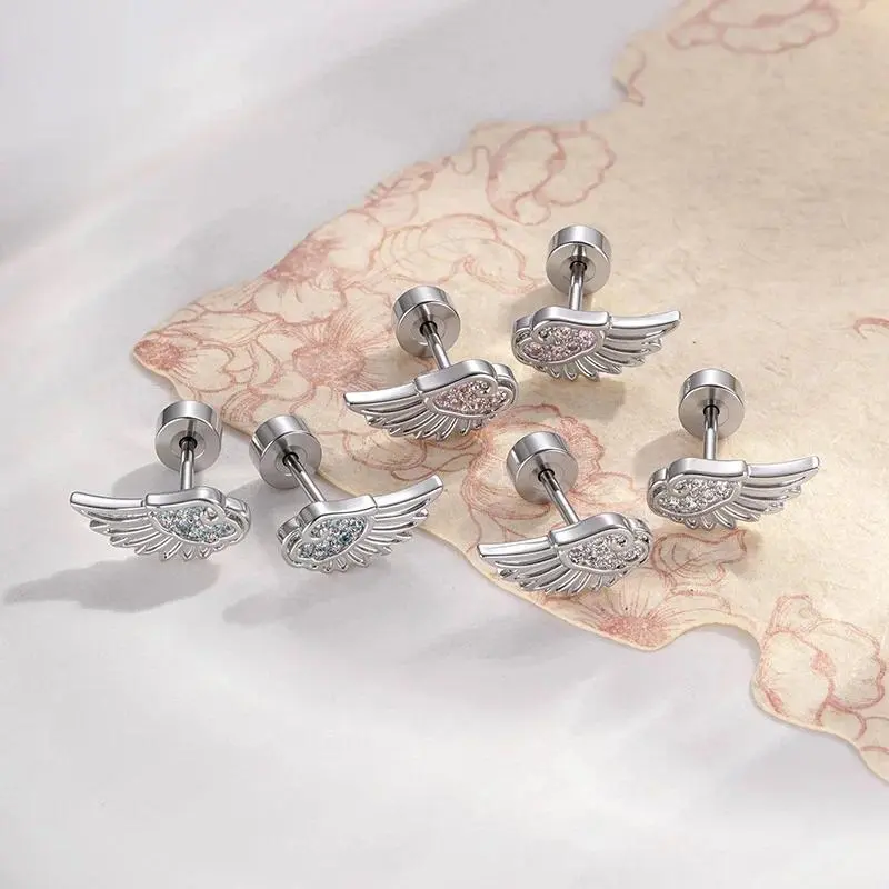 20G Hypoallergenic G23 Titanium Earring Stud, Angel Wing Cartilage Piercing Flat Back Earring Body Jewelry for Women Girls