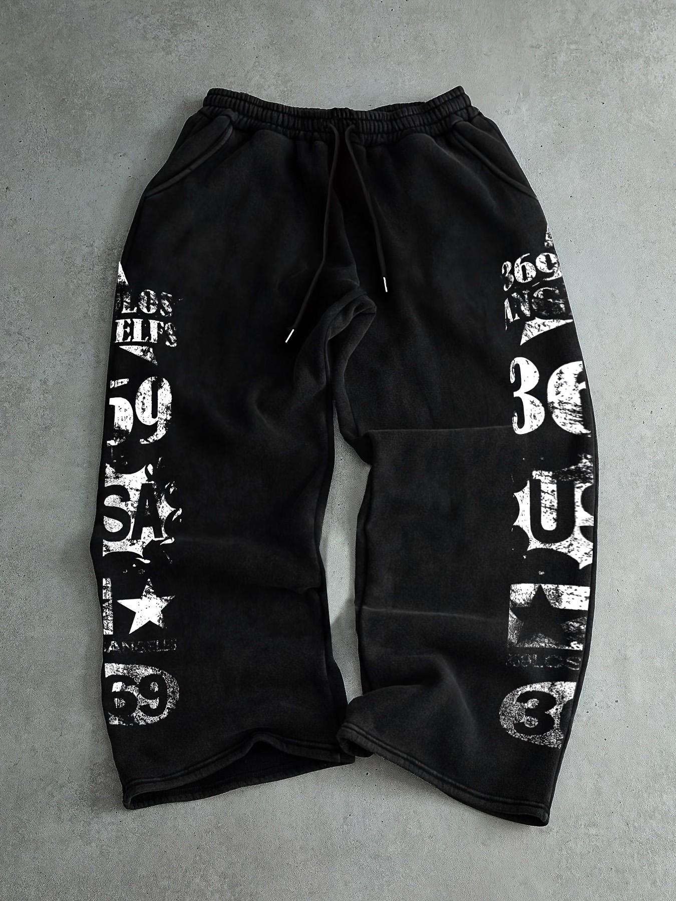 Vintage Washed Black Baggy Sweatpants Men Y2K Grunge Streetwear Joggers with Distressed Los Angeles Graphic Print Wide Leg Elastic Waist Casual Pants for Hip Hop Skate Daily Wear Athleisure Style Bottoms