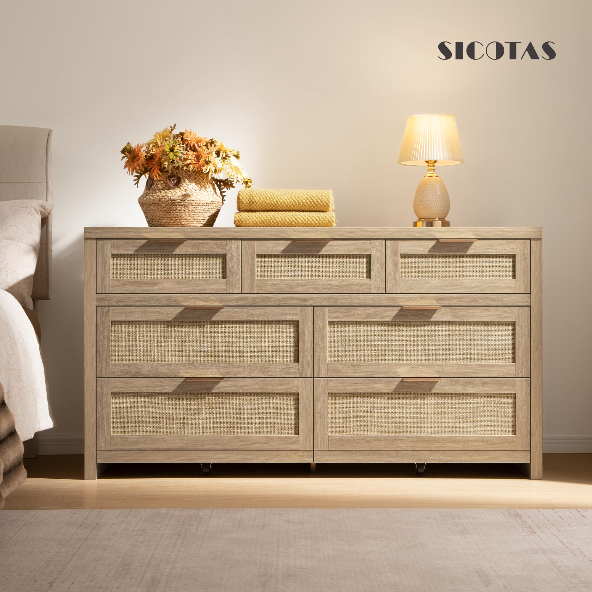 SICOTAS Rattan Dresser for Bedroom, 17.7" x 56.9" x 31.3" Size 6 Drawer Dresser with Ample Storage,Unique Engineered Wood Dressers Large Chest of Drawers for Nursery, Closet, Boho TV Stand for Bedroom, Sturdy and Durable, Easy Installation