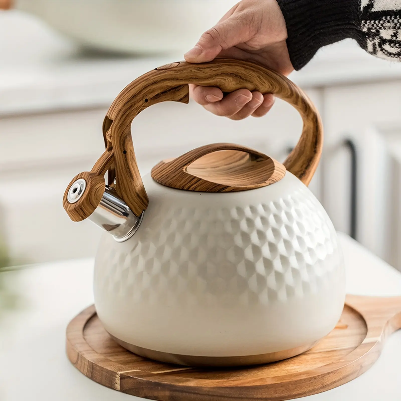1pc 101.44oz Stainless Steel Whistling Tea Kettle - Easy to Clean, All-Stovetop Compatible, Wooden Pattern Handle, Lightweight Durable - For Camping Outdoor Adventures & Home Use