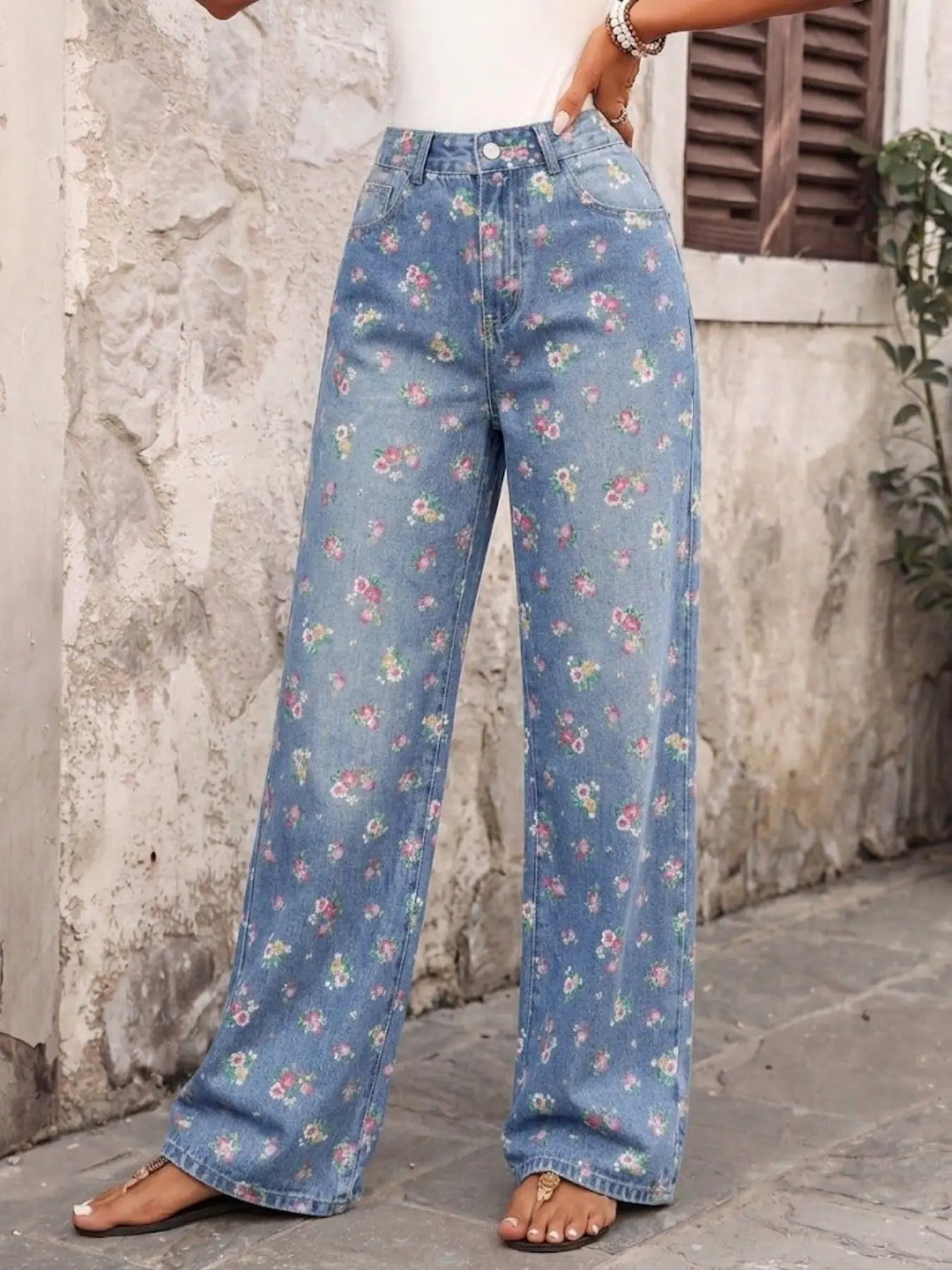 Lkuily Women's Light Wash All Over Pink Tiny Floral High Waist Non-Stretch Wide Leg Floor Length Jeans, Vintage Cottagecore Extra Long Straight Floral Pants, Spring Summer Vacation Fresh Slim Versatile Denim Trousers