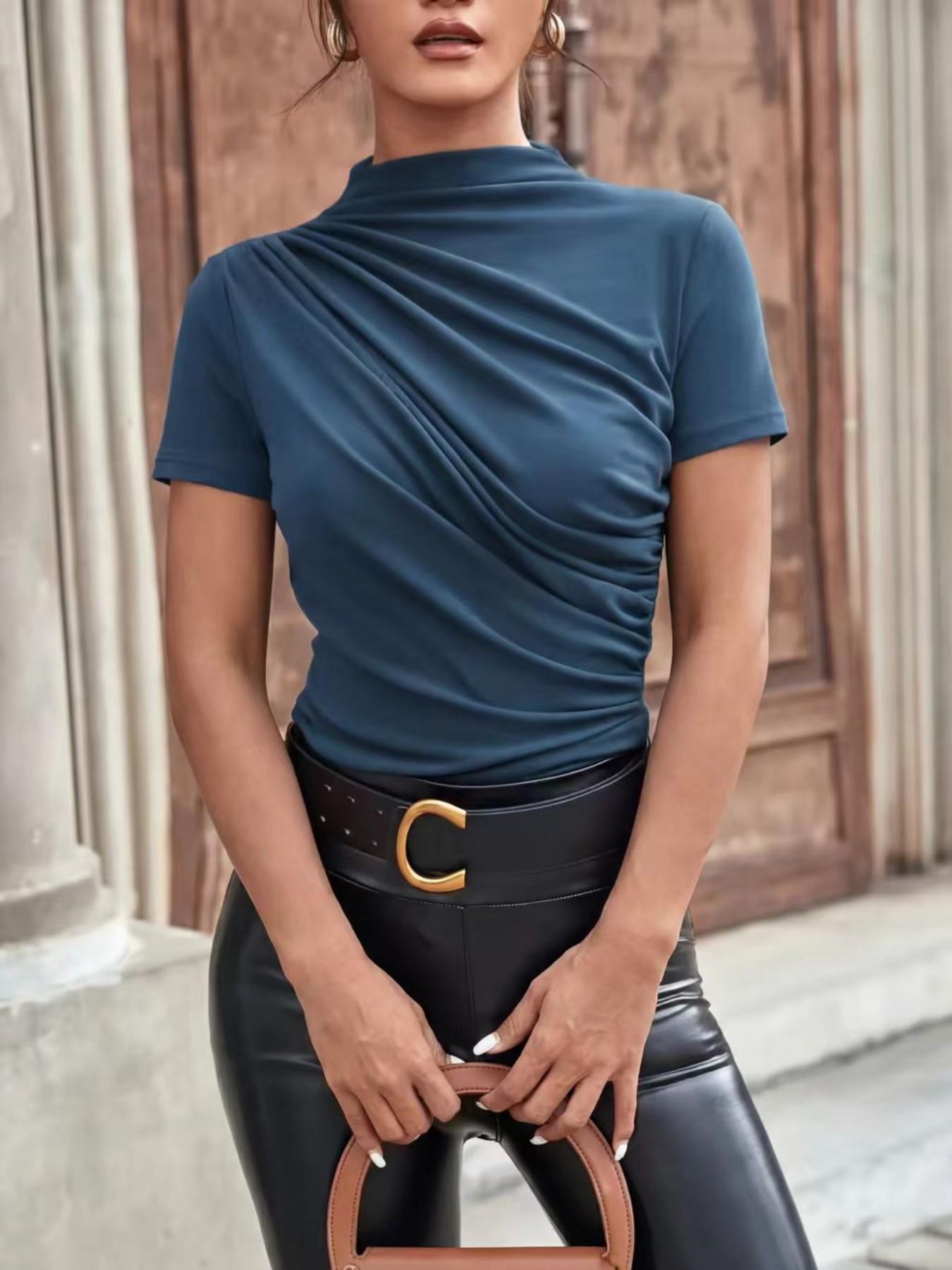 Women's Slim Fit Ruched Asymmetrical Top, High Neck Short Sleeve Knit T-Shirt, Casual Plain Design, Easy Care, X Type Silhouette