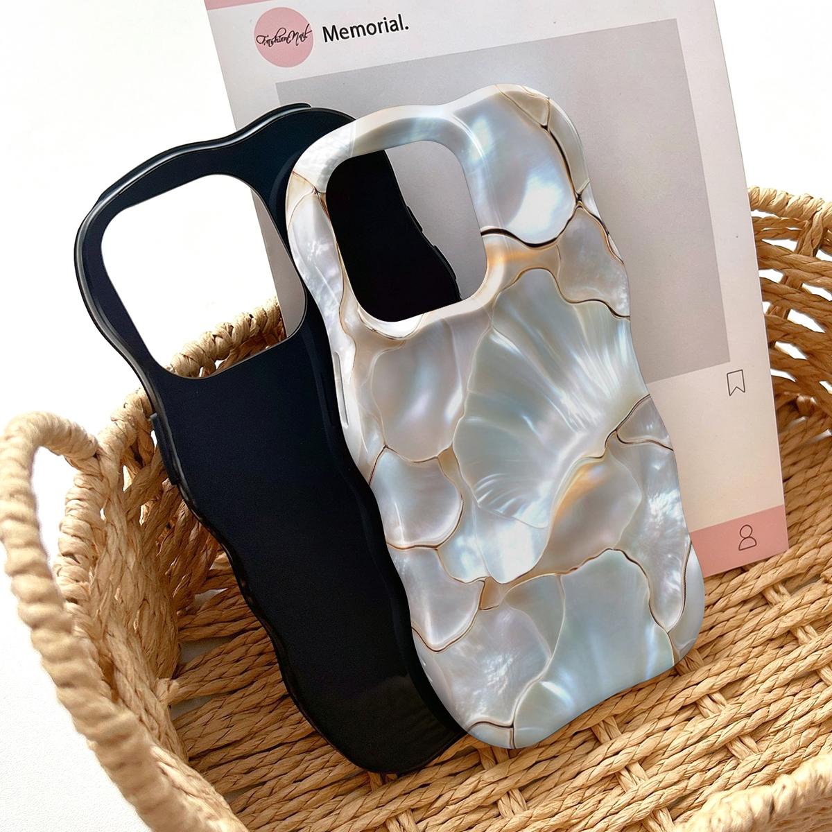 Shockproof Protective Smartphone Case for 6.1-6.7" Phones, Dual PC+TPU Blend with 2D Pearl Shell Ginkgo Leaf Golden Line Print, Marble Design, Camera Cover, Wavy Curved Raised Edges, Glossy Finish, Non-Slip, Easy Installation, Aesthetic Boost
