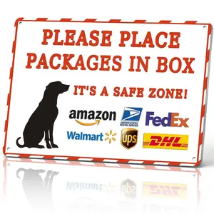 Please Place Packages In Box Safe Zone Metal Sign 12x8 In Aluminum, Vintage Delivery Tin Sign for Home, Porch, Entryway, Retro Package Drop Off Wall Art with Dog Silhouette, 12x8 Inch Aluminum Plaque