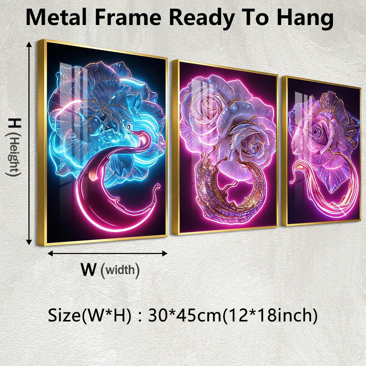 3 Counts Aluminum Alloy Framed Painting, Neon Glowing Roses And Petals Pictures, Home Decoration For Living Room, Bedroom, Office, Restaurant, Hallway Wall Decor, Odorless Print Artwork, Luxury Perfect Gift For Friends And Family