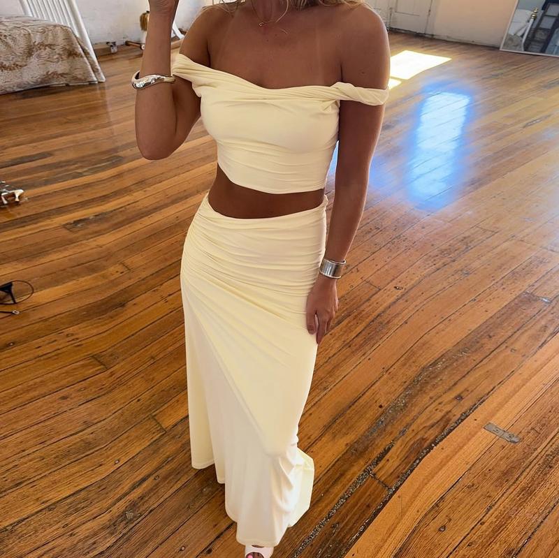 Women's Solid Color Off Shoulder Top & Skirt Two-piece Set, Casual Fashion Cozy Top & Skirt for Daily Outdoor Wear, Ladies Clothes for Summer, Chic Skirt Sets