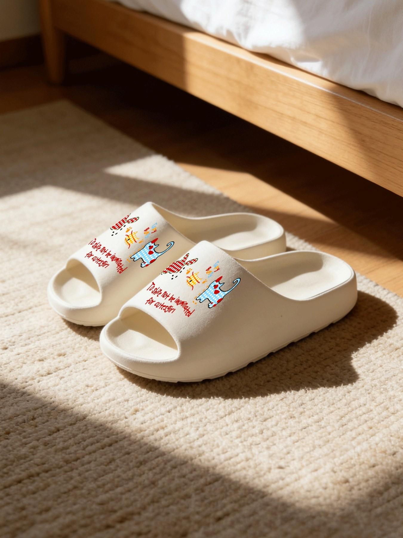 1 Pair Cartoon Rabbit Letter Printed Thick Sole Slippers, Cute Fun Style, Non-slip Soft Sole, Indoor & Outdoor Dual-use, Open Toe Slides, Casual Slippers