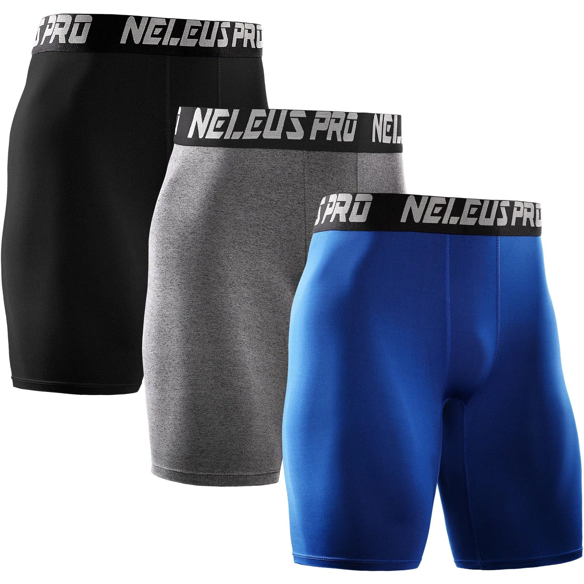 NELEUS Men's 3-Pack Performance Compression Shorts, Male Clothing with Elastic Waist, Quick-Dry Fabric for Universal Sports
