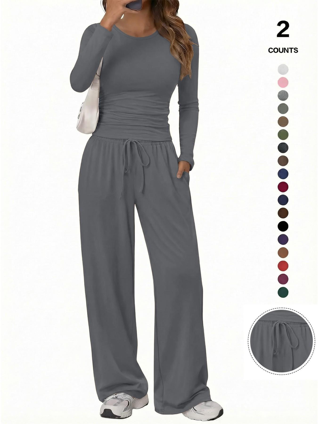 Women's Solid Ruched Drawstring Loungewear Set, Casual Long Sleeve Round Neck Top & Pocket Wide Leg Trousers, Ladies Sleepwear for All Seasons