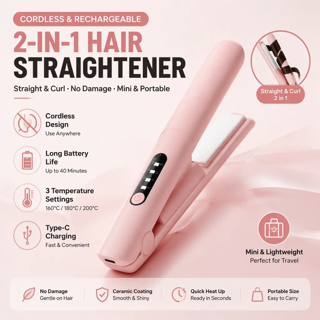 Wireless hair straightener, wireless clip, rechargeable, portable, dual-purpose for straightening and curling, gentle on hair, mini straightener with long battery life,Pre-lit