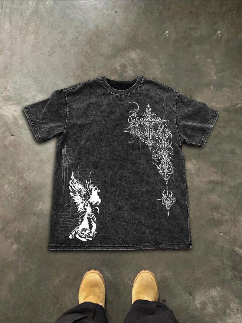 Men's Washed Cotton Short Sleeve Gothic Print T-Shirt, Pure Cotton Tee, Casual Fashion, Comfortable Fit, Perfect for Daily Wear