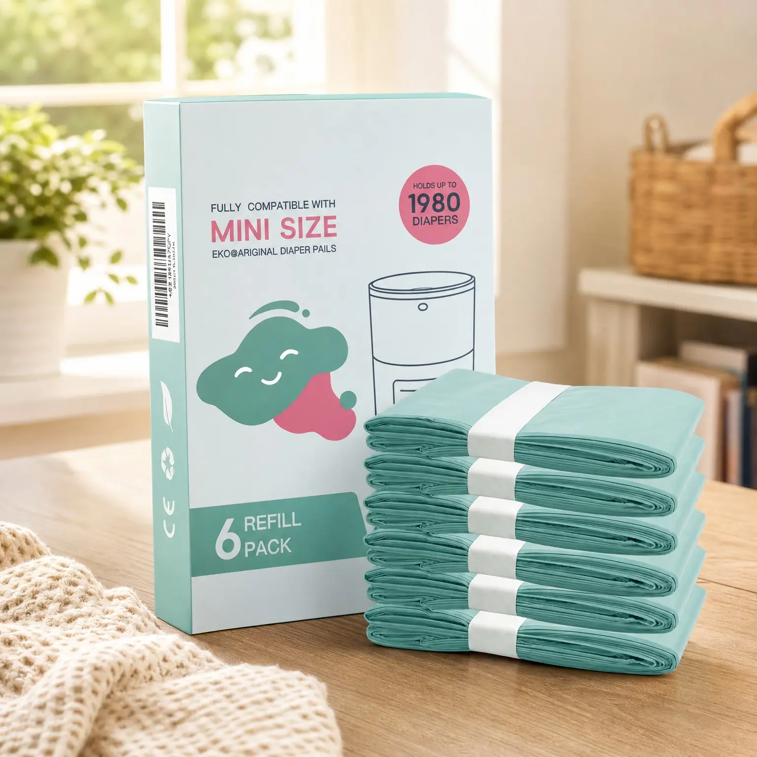 6 Pack Diaper Pail Refill Liners, 30% Extra Thick Heavy Duty Leak-Proof, Multi-Layer Odor Defense Film, Holds 1980 Diapers, Fresh Scented Baby Changing Essentials(Gift)
