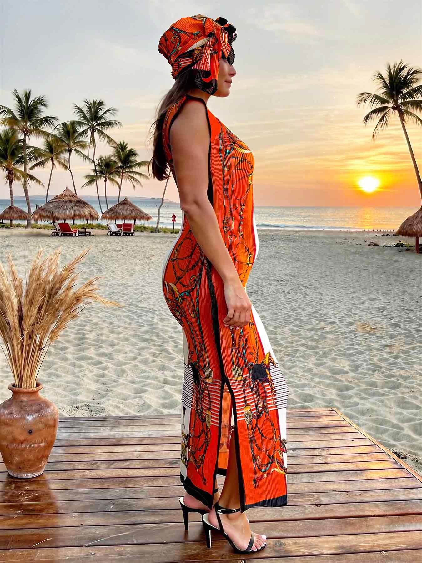 Elegant Pleated Fit and Flare Moo Moo Long Dress with Equestrian Print, Complete Set with Shawl and Long Silk Scarf for Beach Sun Protection, Beach Cover Ups, Swimsuit Cover Up Elegant Pleated Fit and Flare Moo Moo Long Dress with Equestrian Print, Complete Set with Shawl and Long Silk Scarf for Beach Sun Protection, Beach Cover Ups, Swimsuit Cover Up