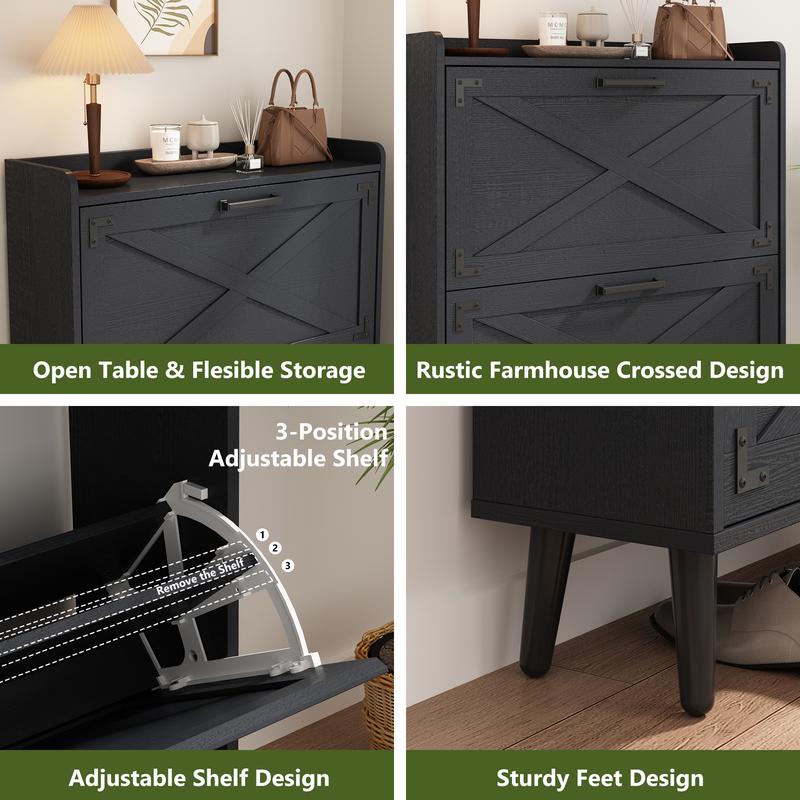Farmhouse Shoe Storage Cabinet with 2-4 Flip Drawers & Barn Door Design - Freestanding Slim Narrow Shoe Organizer for Entryway, Foyer & Hallway