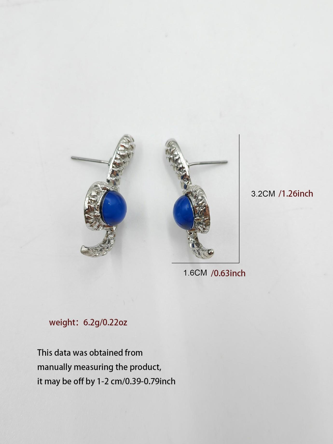Vintage Snake Shape Blue Agate Stud Earrings, Unique Design High-End Jewelry, Luxurious Snake Pattern Gemstone Ear Rings