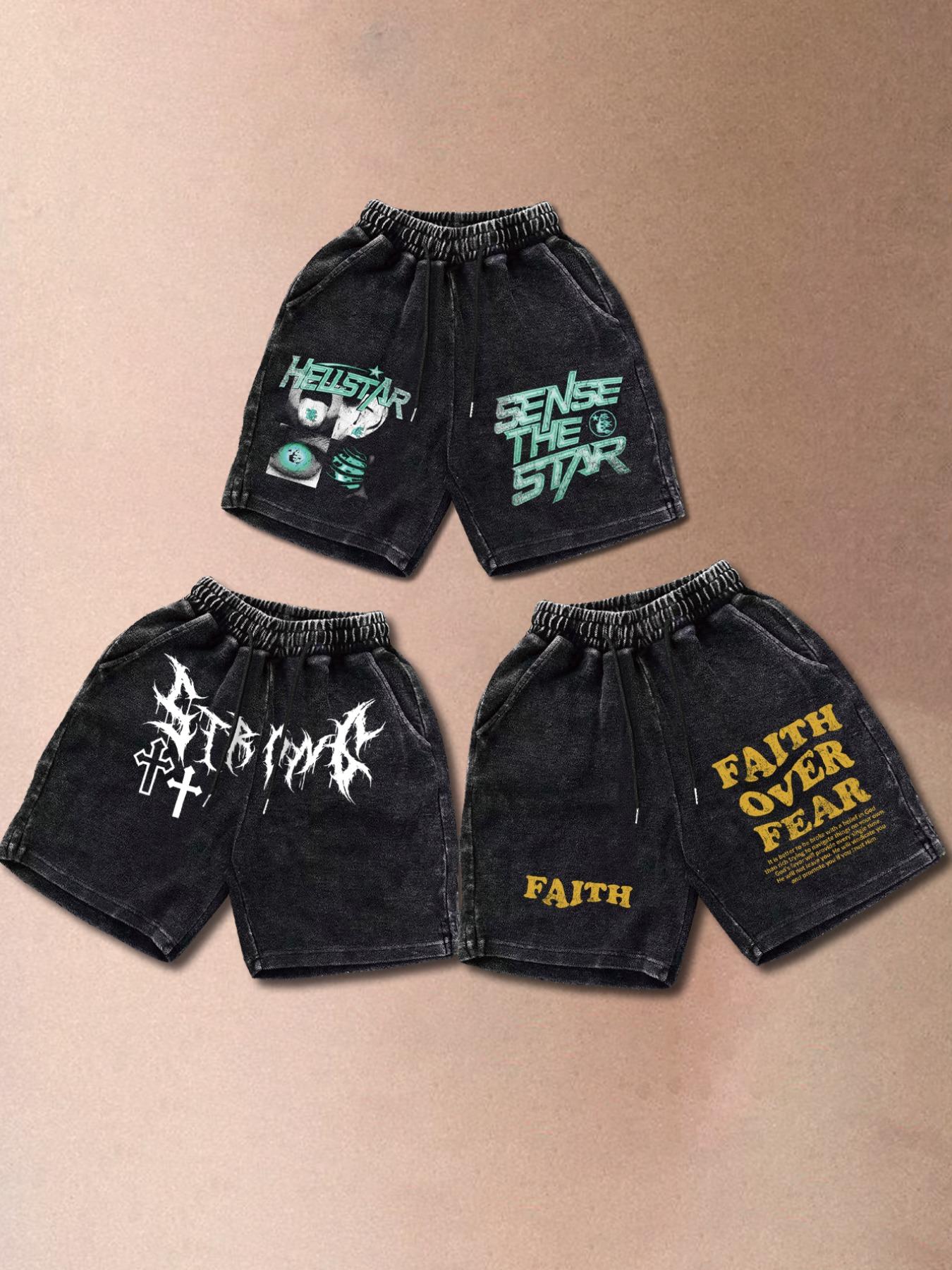 Men's Solid Color / Letter Graphic Print Denim-effect Print Drawstring Waist Shorts,, Regular Fit Casual Street Comfy Breathable Shorts for Daily Wear, Men's Bottoms for Summer