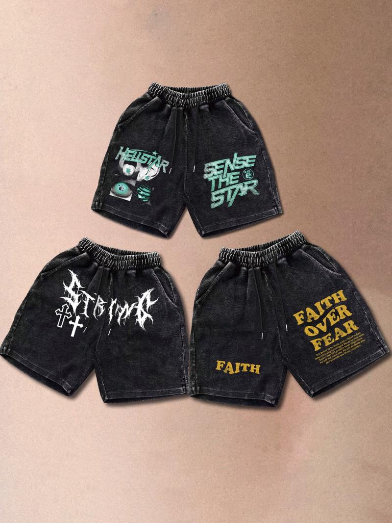 Men's Solid Color / Letter Graphic Print Denim-effect Print Drawstring Waist Shorts,, Regular Fit Casual Street Comfy Breathable Shorts for Daily Wear, Men's Bottoms for Summer