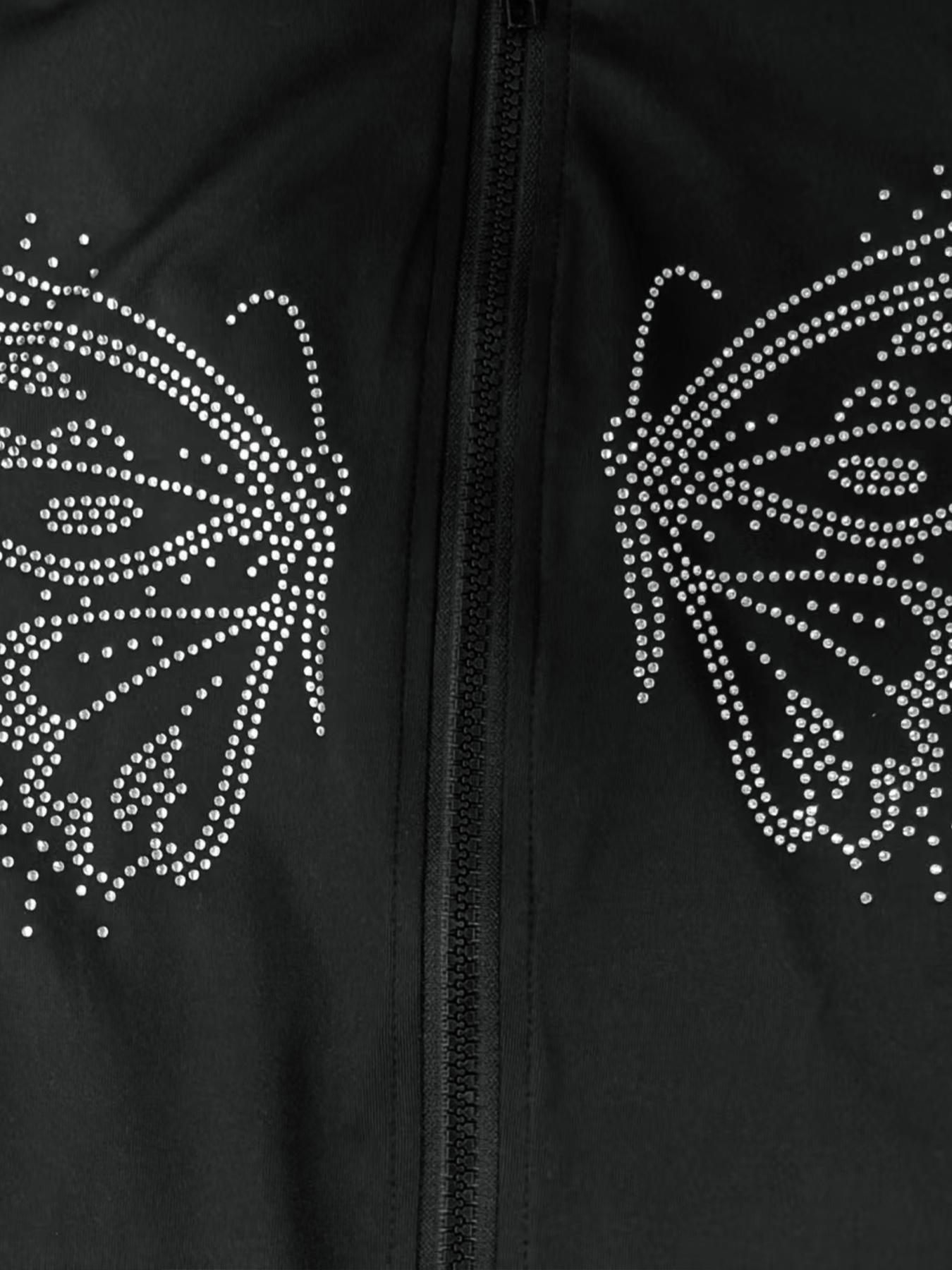 Women's Slim-Fit Hoodie with Butterfly Rhinestone Design, Casual Long Sleeve Pullover for Women, Stylish Ladies' Clothing