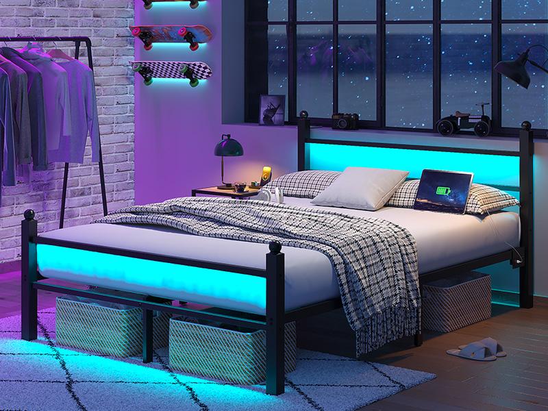 CollaredEagle Twin/Full Bed Frame with Headboard and Footboard,Steel Slats Support-LED Bed Frame with USB Charging Station,Mattress Foundation-Under Bed Storage,No Box Spring Needed,Noise Free.