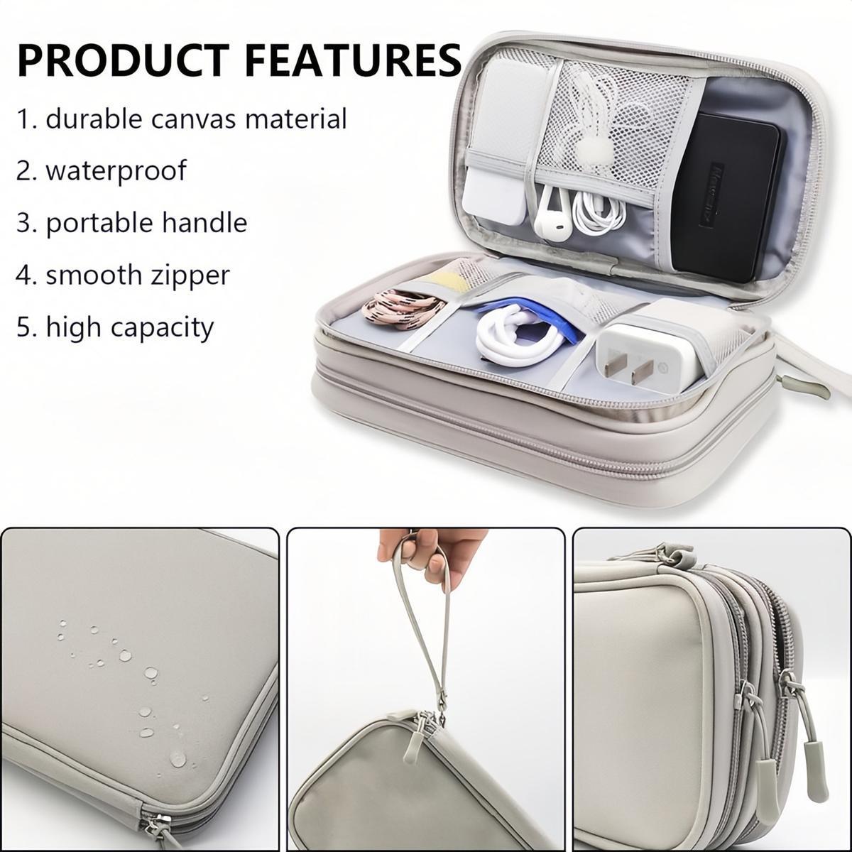 Waterproof Double Layer Travel Cable Organizer Bag, Portable All-in-One Electronic Accessory Carry Case for Cord Charger Phone Earphones, Unisex Travel Essential