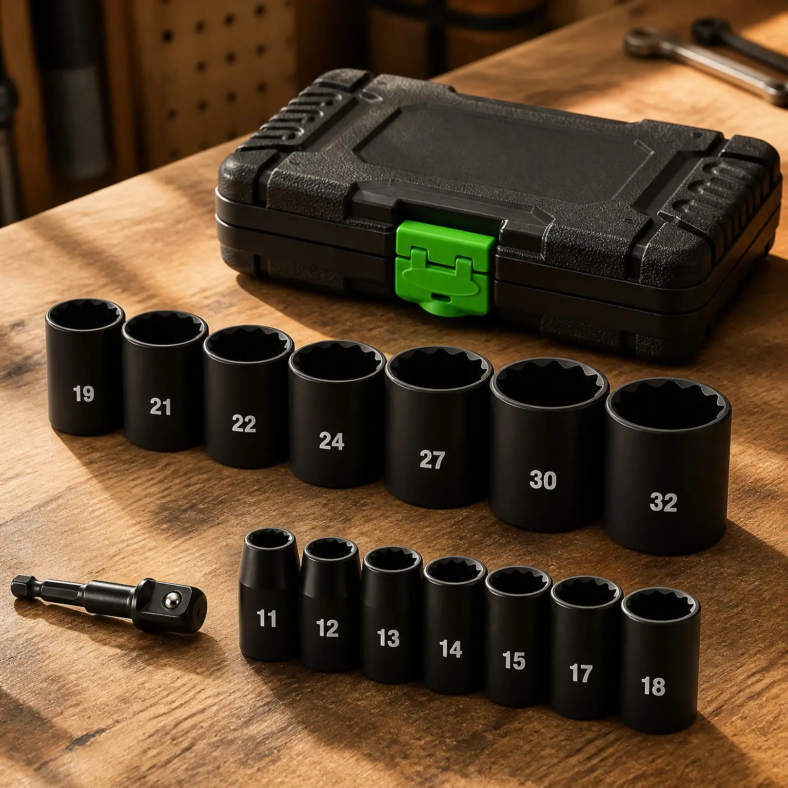 15 Pieces 1/2-Inch Drive Shallow 12-Point Metric Impact Socket Set, Cr-V, 11mm to 32mm, with Drill Socket Adapter