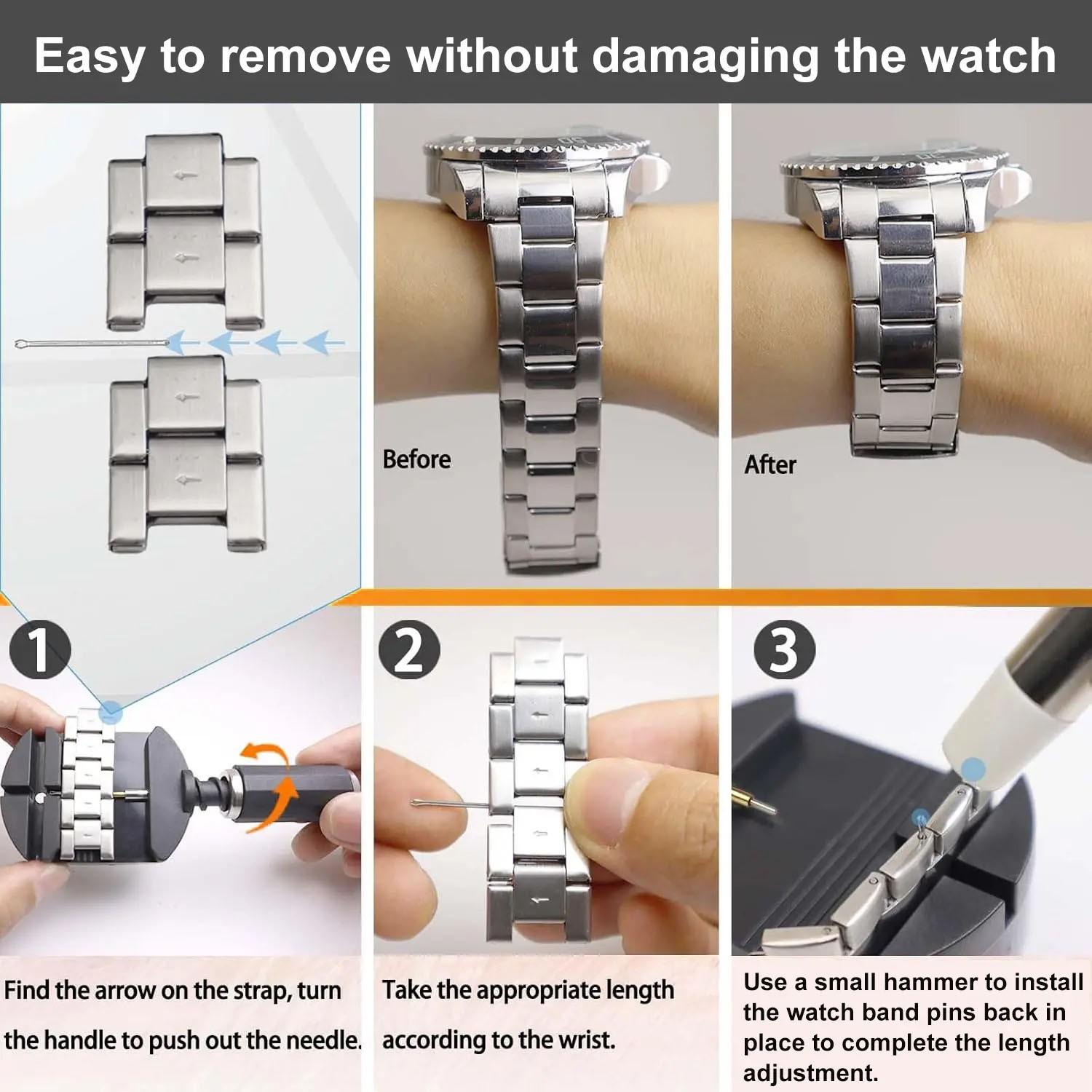 Watch Link Removal Tool Set, Bracelet Adjustment Tools, Band Size Adjuster, Watch Repair Hammer, Strap Adjuster, Watch Repair Toolkit, User Manual Included