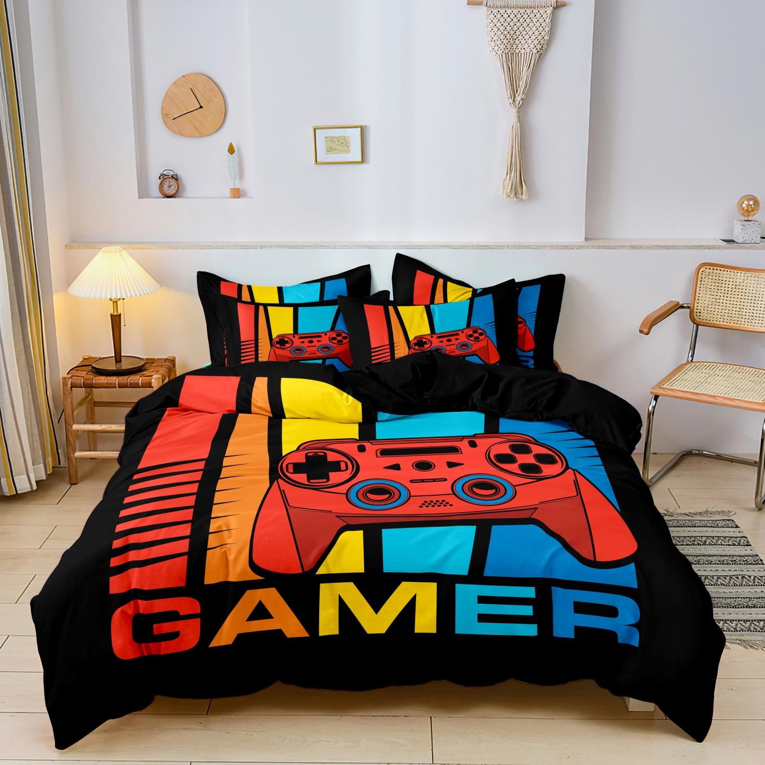 Video Game Controller Mouse Keyboard Headphone Pattern - Modern Fashionable Cool Gamepad Print - Boys Youth Gaming Equipment Bedding Set - 3pcs Duvet Cover Set (1Duvet cover+2Pillowcase ，No quilt)