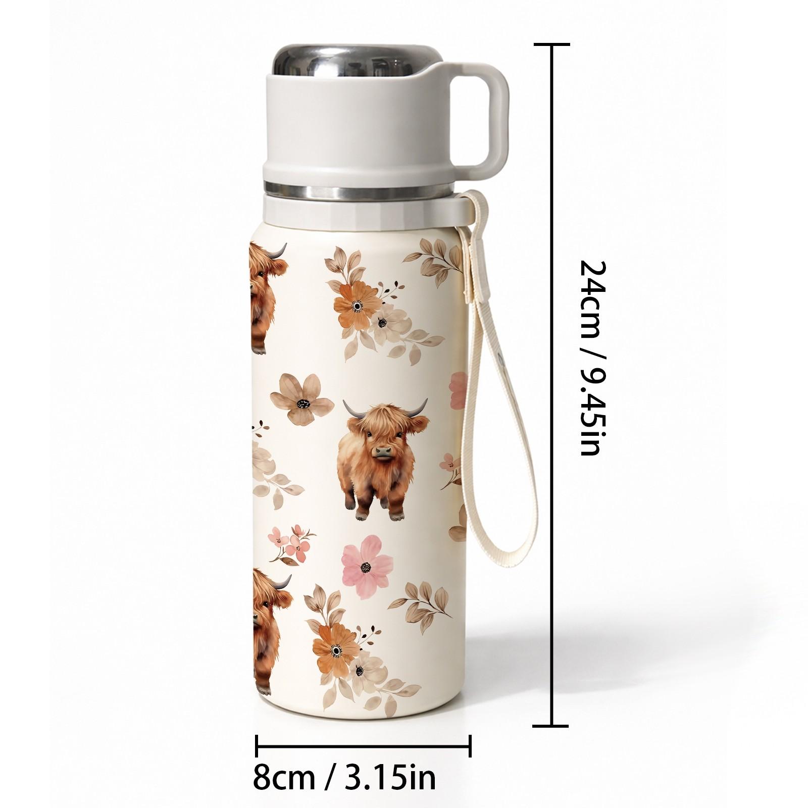 600ml Highland Cow Floral Insulated Water Bottle, 316 Stainless Steel Thermos with Handle & Strap, 48H Hot 24H Cold Leakproof Flask for Coffee Tea, Reusable Travel Tumbler for Outdoor Camping Hiking, Cute Aesthetic Gift for Women Girls