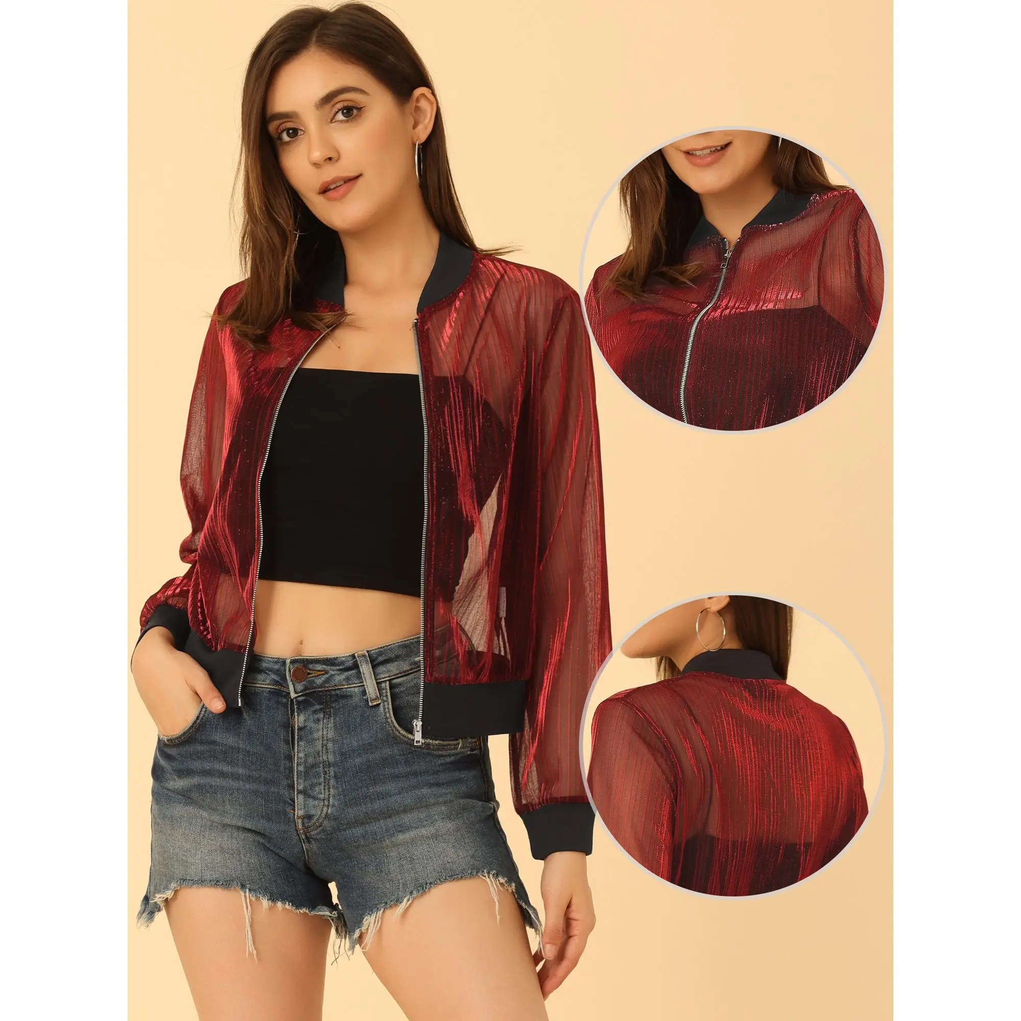 Women'S Allegra K Bomber Jacket with Sheer Mesh, Glitter, And Shiny Long Sleeves, Featuring a Zip-Up Design