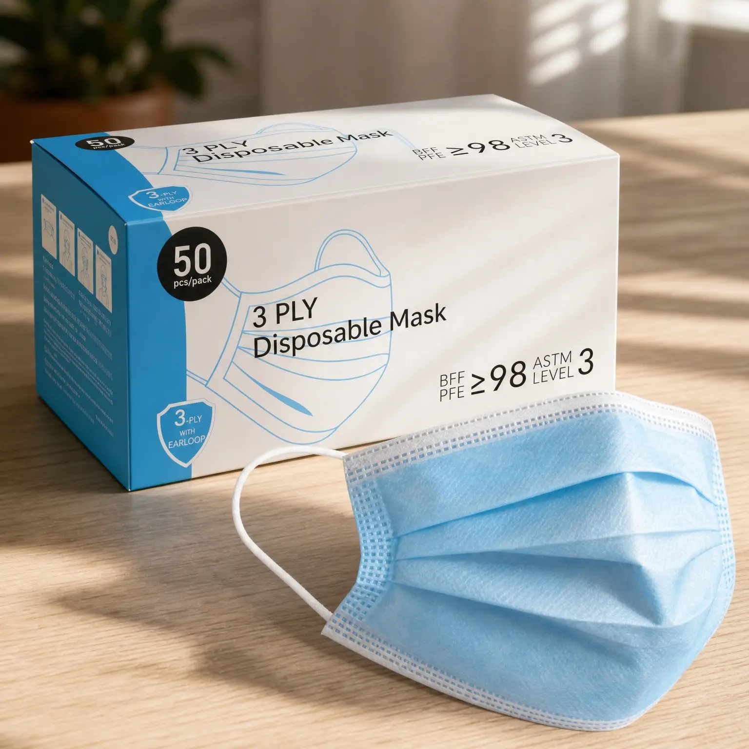 FDA Cleared ASTM Level 3 Procedure Face Masks, Made in USA, ≥98% Filtration, Fluid Resistant, 3-Ply Ear Loop Disposable Masks, 50 PackGift