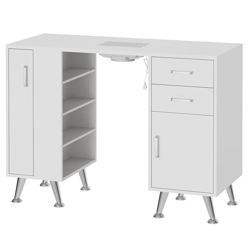 42.5 Inch Manicure Table, Nail Desk with Vertical Pull-Out Locker, 1 Storage Cabinet, 2 Drawers, 4-Tiers Open Shelves, Wrist Rest and Dust Collector, Nail Table Workstation for Beauty Salon