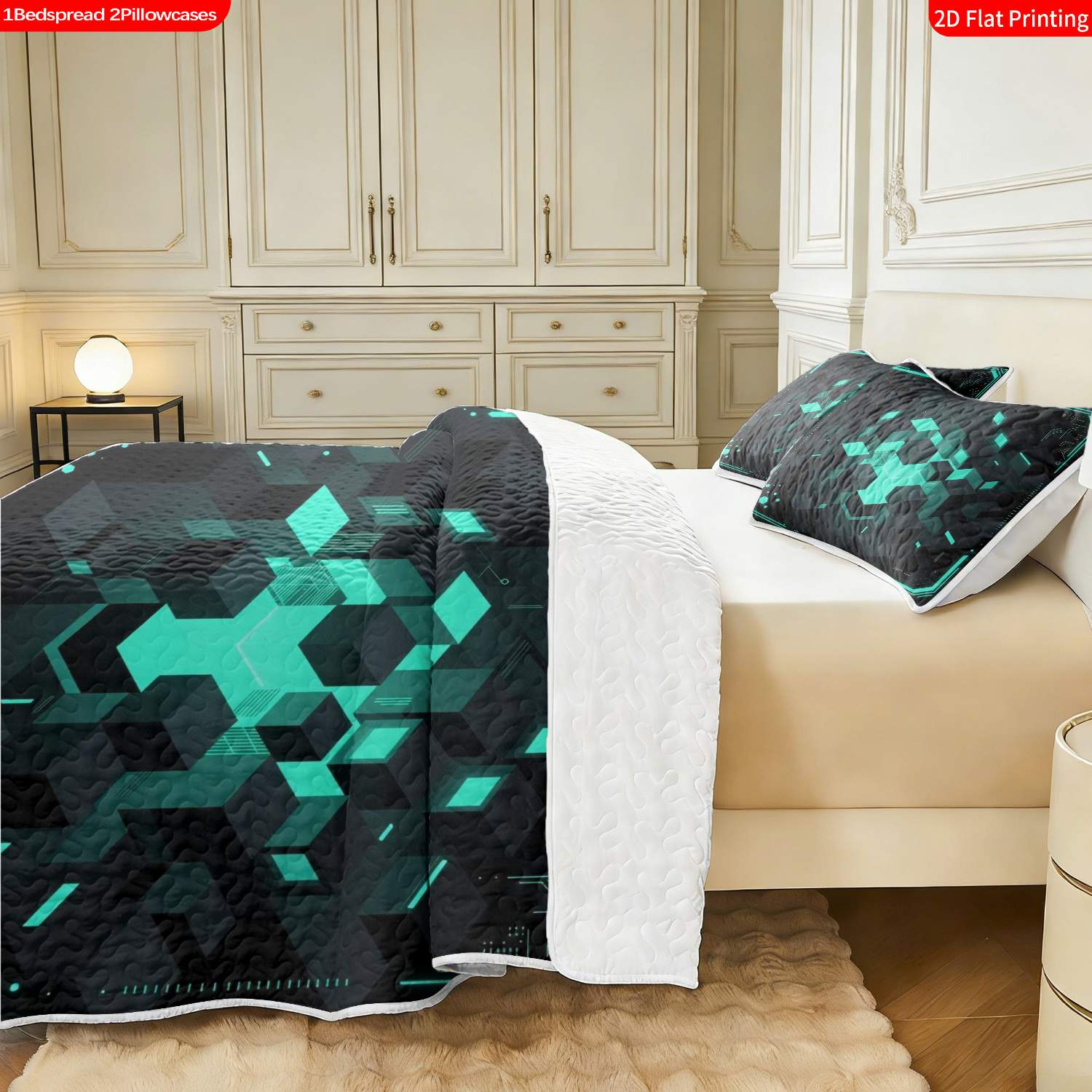3 pcs, 2D Flat Print Neon Geometric Cubes Bedspread Set, Soft and Comfortable, Multiple Sizes Available, Suitable for Gifting and Daily Use, Ideal for Creating a Cozy Home Atmosphere(1 bedspread , 2 pillowcases)