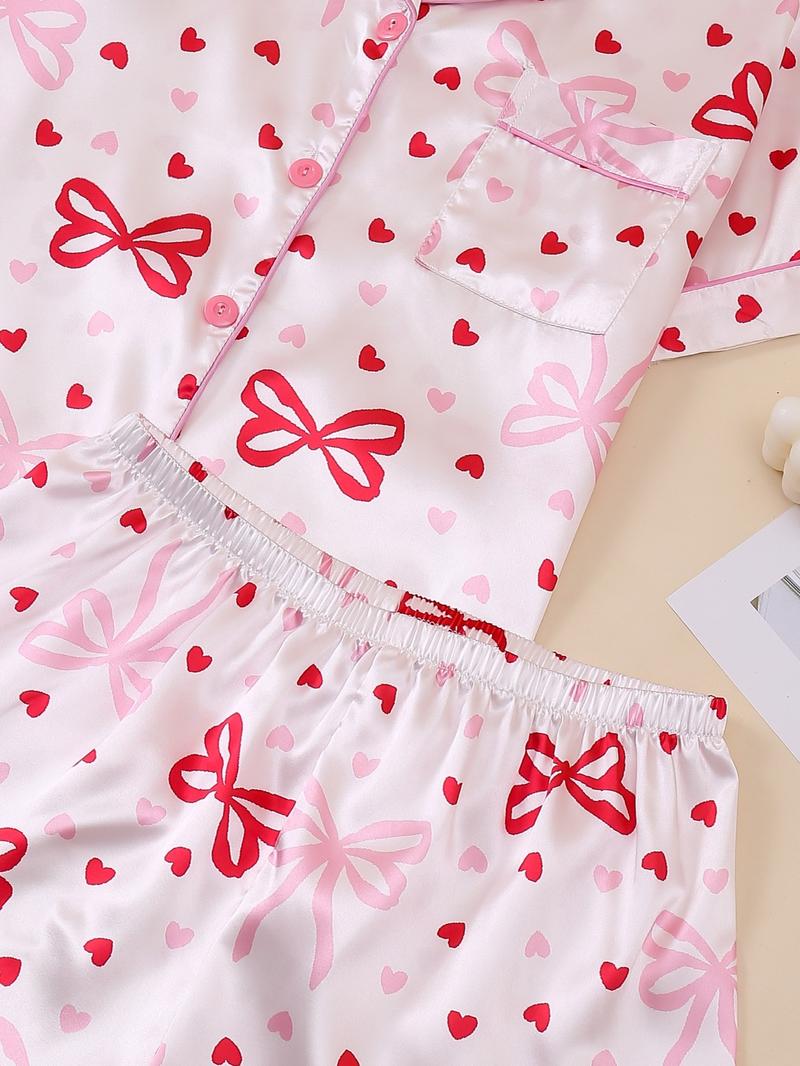 Valentine's Day Butterfly Heart Print Sleepwear Set, 2-Piece Women's Pajamas, Button Front Short Sleeve Top and Elastic Shorts