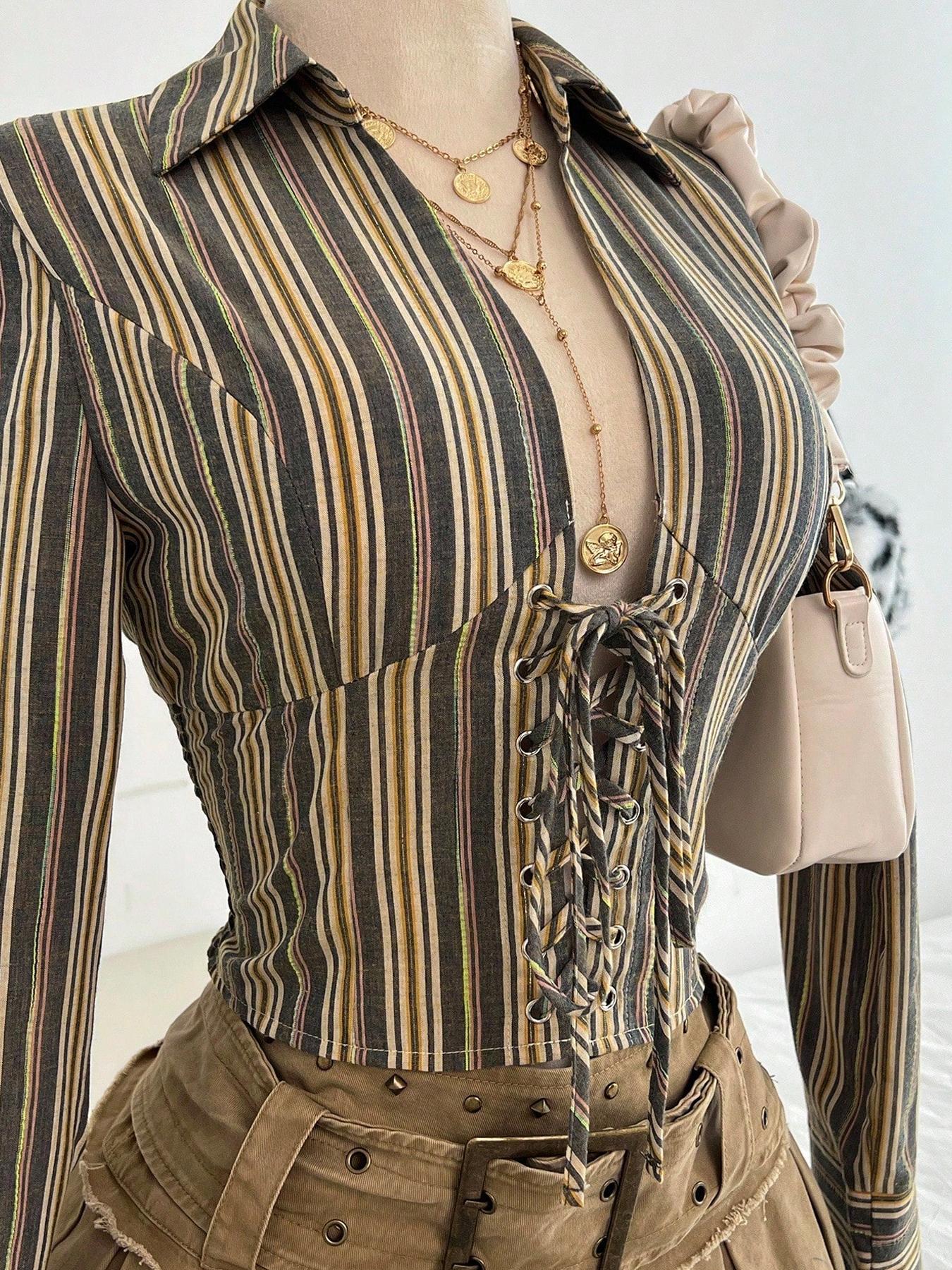 1 Piece  Retro Striped Waist-Cinched Shirt Set | Euro-Hong Kong Style | Deep V Drawstring + Slim-Fit Silhouette | Elegant Pick for Daily Commute / Coffee Dates （only top）